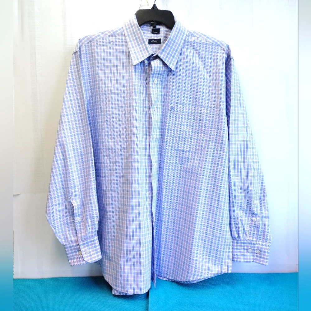 IZOD Men's Lilac Plaid Shirt Cotton Easy Care Size XL